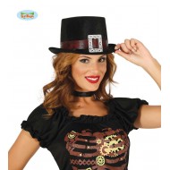 CAPPELLO A CILINDRO STEAMPUNK EFFETTO VELLUTO CON FIBBIA PER TRAVESTIMENTI SPETTACOLI E SCENE A TEMA GOTICO VITTORIANO