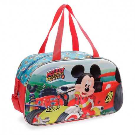 BORSA DA VIAGGIO CON TRACOLLA MICKEY ROADSTER RACERS DISNEY ORIGINAL 44X25X22CM.ROSSA STAMPA A RILIEVO PVC 30%POLIES70%