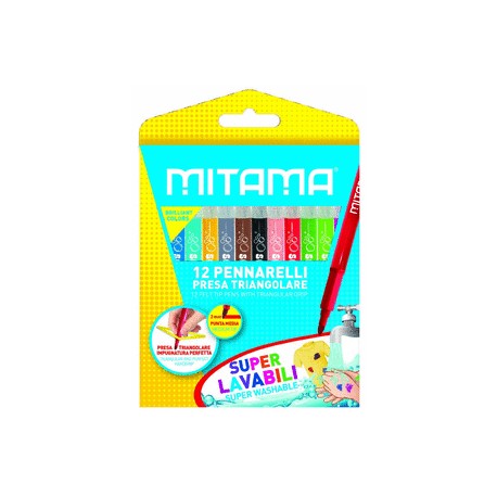 MITAMA 12 COLORI PENNARELLI SUPER LAVABILI PRESA TRIANGOLARE IMP.PERFETTA CONSIGL.DAI PEDAGOGISTI ! PUNTA 3MM NON RIENTA