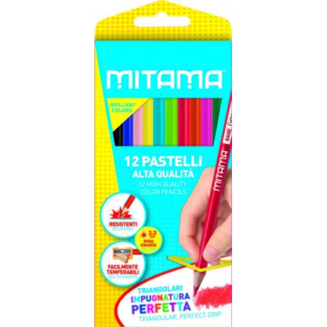 MITAMA 12 PASTELLI LEGNO TRIANGOLARI ALTA QUALITÀ MINA GRANDE 3.3MM 12 COLORI IMPUGNAT.PERFETTA FACILE DA TEMPERARE