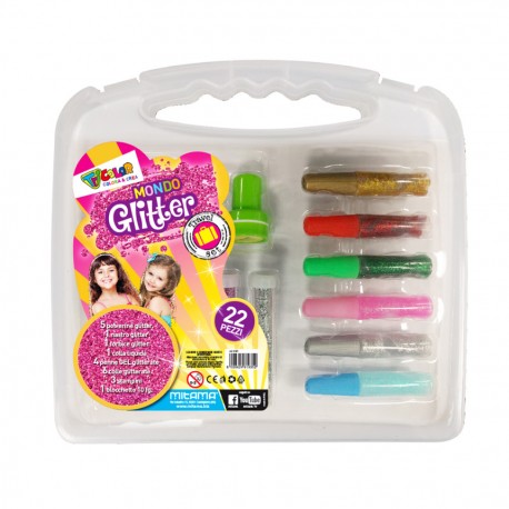 MITAMA MONDO GLITTER VALIGETTA TRAVEL SET 23 PEZZI 5 POLV.GLITTER/2 NASTRI GL/1FORBICE/1COLLA/4PENNE GEL/3STAMP/1 BLOCC.