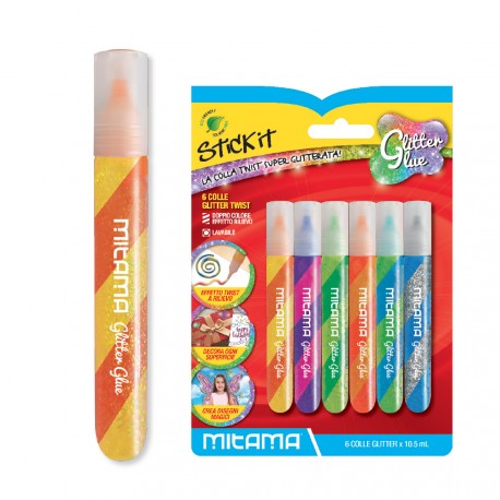 MITAMA STICK IT 6 COLLE GLITTER TWIST 10,5ML SUPER COLORATA DOPPIO COLORE EFFETTO A RILIEVO LAVABILE GLITTER GLUE