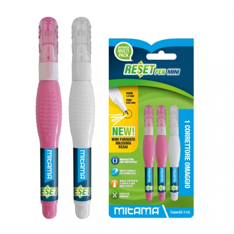 MITAMA RESET PEN MINI BLISTER 3 CORRETTORI MINI MASSIMA RESA 3 ML PUNTA 1,3MM METALLO IMPUGNATURA GRIP ANTISCIVOLO