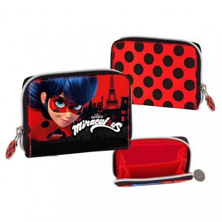 PORTAFOGLIO CON ZIP MIRACULOUS LADY BUG ROSSO E NERO CON GLITTER 2 SCOMPARTI 11,5X8,5X2,5CM DISTR.DA PANINI SCUOLA ITALY