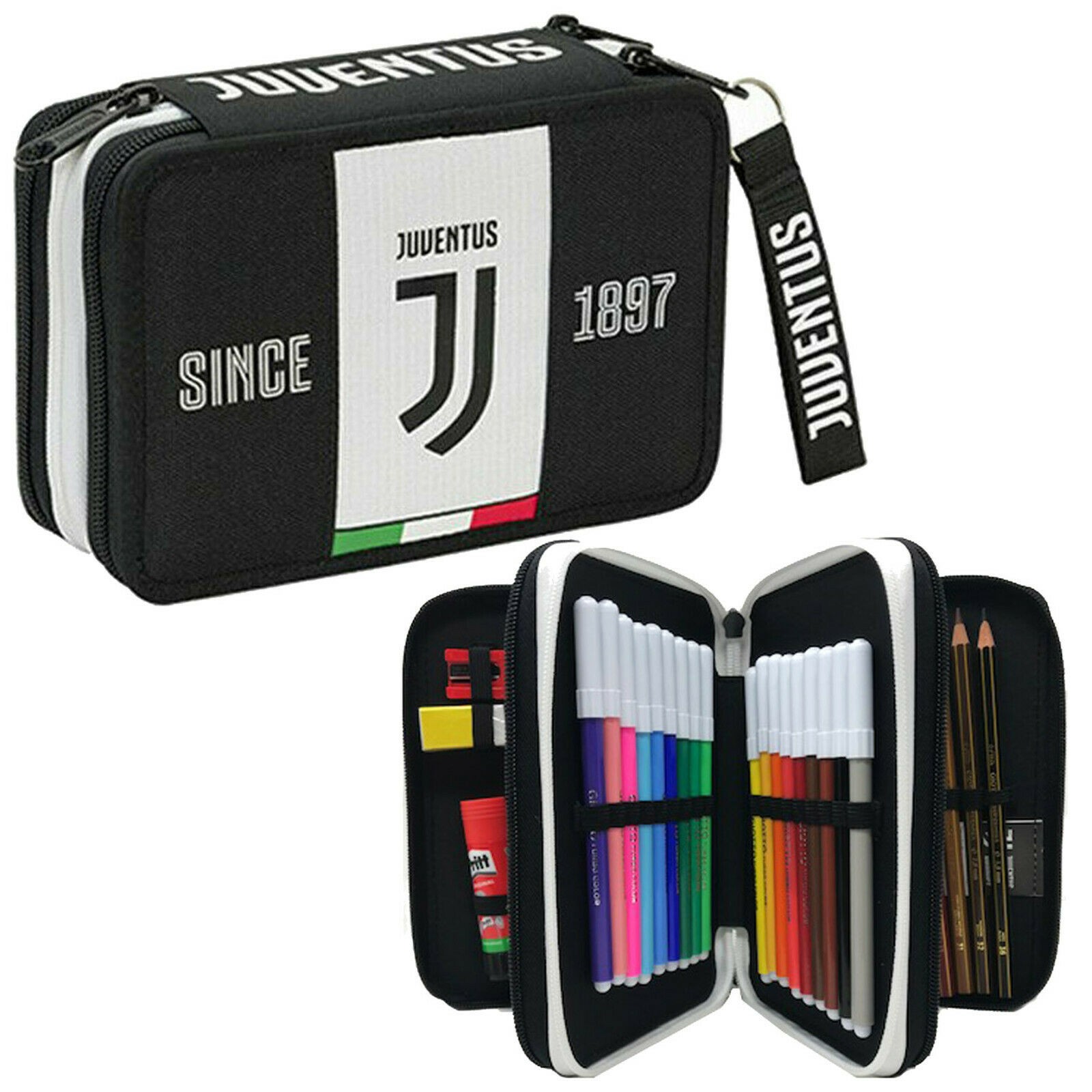 ASTUCCIO SCUOLA 3 ZIP FC JUVENTUS PRODOTTO UFFICIALE SEVEN ITALY COMPLETO  DI 44 PEZZI GIOTTO/TRATTO/LYRA/PRITT - Parole e Pensieri