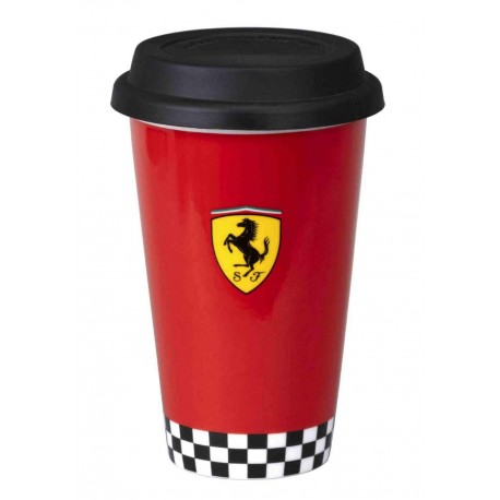 TAZZA TRAVEL MUG SCUDERIA FERRARI ROSSO IN CERAMICA LOGO GIALLO 5X15X9CM CON TAPPO DOSATORE NERO SCATOLA PROD.UFFICIALE