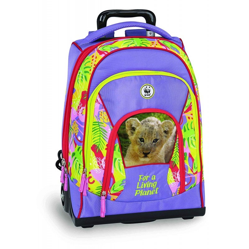 ZAINO TROLLEY SCUOLA ORGANIZZATO PREMIUM WWF JUNGLE 48X36X22CM LILLA  BORDATURE ROSSE 3 ZIP DA PANINI SCUOLA ITALY - Parole e Pensieri