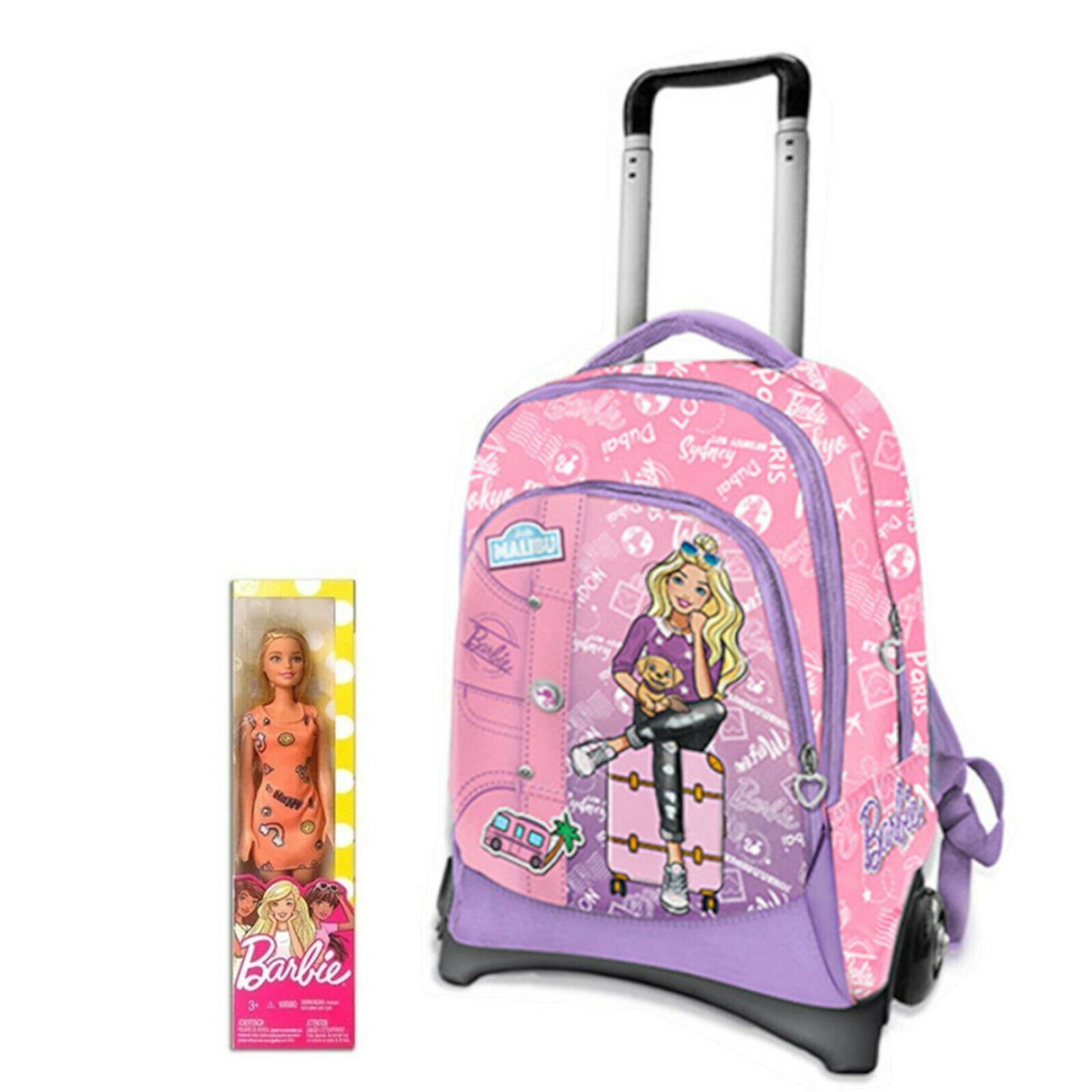 ZAINO SCUOLA ORGANIZZATO TROLLEY 53X37X23CM STACCABILE CARRY BARBIE ROSA E  LILLA 3 ZIP + BAMBOLINA BARBIE OMAGGIO MATTEL - Parole e Pensieri