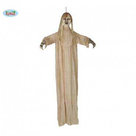 MOSTRO PENDENTE FANTASMA DONNA BIONDA PARLANTE 160CM LUCI E SUONI ADDOBBI PER SALE FESTE E SCENE HORROR HALLOWEEN ZOMBIE