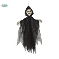 MOSTRO PENDENTE BAMBOLOTTO 90CM CON CAPPUCCIO NERO PER ADDOBBI SALE FESTE VETRINE E SCENE HORROR HALLOWEEN ZOMBIE