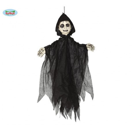 MOSTRO PENDENTE BAMBOLOTTO 90CM CON CAPPUCCIO NERO PER ADDOBBI SALE FESTE VETRINE E SCENE HORROR HALLOWEEN ZOMBIE