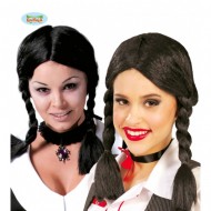 PARRUCCA NERA CON TRECCE PER TRAVESTIMENTI DI HALLOWEEN/CARNEVALE SPETTACOLI A TEMA INDIANA MERCOLEDI FAMIGLIA ADDAMS