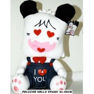 PELUCHE HELLO SPANK 90 CM.SEDUTO CON PAPILLON ROSSO E SALOPETTE IN JEANS CON SCRITTA I LOVE YOU.