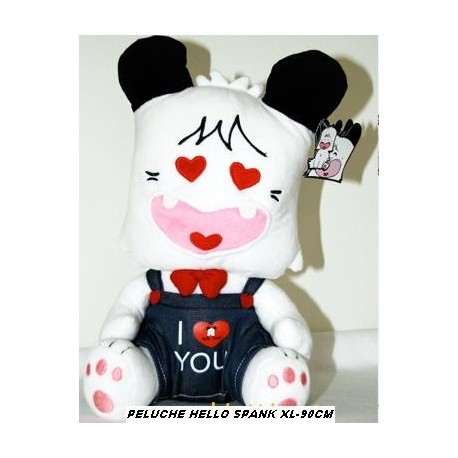 PELUCHE HELLO SPANK 90 CM.SEDUTO CON PAPILLON ROSSO E SALOPETTE IN JEANS CON SCRITTA I LOVE YOU.