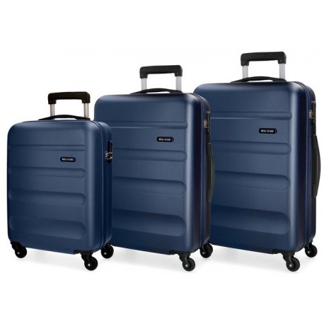 SET 3 TROLLEY DA VIAGGIO ABS 4 RUOTE ROLL ROAD FLEX BLU M VALIGIA BAG.A MANO39X55X20STIVA52X75X28-55X65X75CM CHI.A COMB.