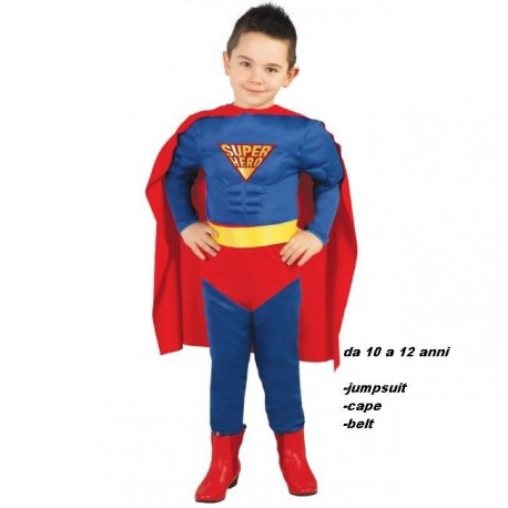 VESTITO COSTUME CARNEVALE SUPER HERO MUSCLE HERO SUPERMAN BLU E ROSSO 10/12 ANNI COMPLETO DI 3 PEZZI PER FESTE VARIE