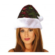 CAPPELLO BABBO NATALE 40CM ROSSO E VERDE CON PAILLETTES REVERSIBILI TIPO GIRABRILLA CON BORDATURA BIANCA MAMA NOEL