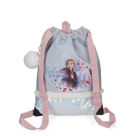 SAGGA GYM ZAINETTO TEMPO LIBERO TRUST YOUR JOURNEY FROZEN DISNEY 30X40CM 1 TASCA CON PAILLETTES + PORTACHIAVI POMPOM