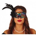 MASCHERINA MULTICOLOR PAILLETTES COPRIOCCHI CON PIUMA E FIORE NERO PER TRAVESTIMENTI DI CARNEVALE STILE VENEZIANO