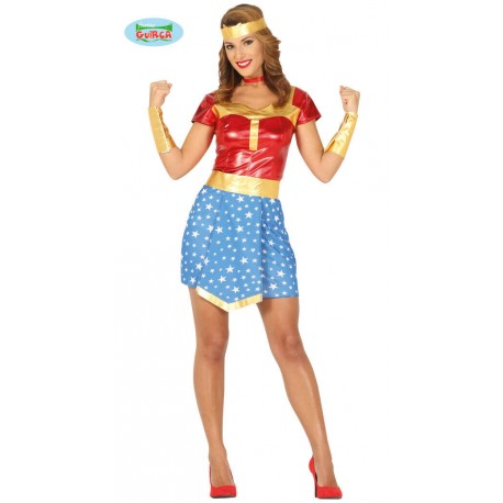 COSTUME CARNEVALE SUPEREROINA PER TRAVESTIMENTI A TEMA WONDER WOMAN TG.L VESTITO CINTURA DIADEMA POLSINI NO ACCESSORI