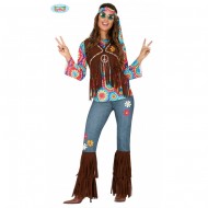 COSTUME CARNEVALE HIPPIE DONNA TG.M VESTITO COMPL.PANTALONI CAMIC/GILET BANDANA I FIGLI DEI FIORI ANNI 60/70 NO ACCESSOR