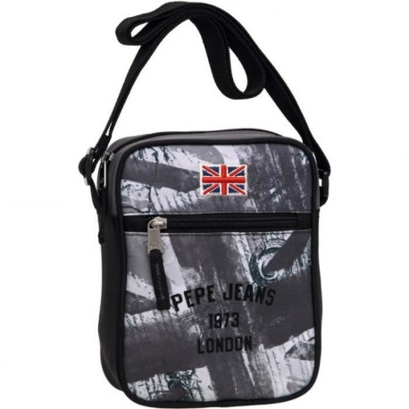 TRACOLLA PEPE JEANS LONDON FLAG CAMU ORIGINAL COLORE NERO E GRIGIO 16X21X7CM.2 ZIP ESTERNE 1 INTERNA.100%POLIESTERE