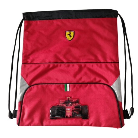 ZAINO A SACCA COULISSE FERRARI KIDS ORIGINAL 38X34CM ROSSO CON ZIP E STAMPA A RILIEVO DISTR.DA PANINI SCUOLA ITALY