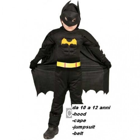 VESTITO CARNEVALE BLACK HERO INFANTIL BATMAN NERO 10/12 ANNI 100%  POLIESTERE COMPLETO DI 4 PEZZI ANCHE PER FESTE VARIE