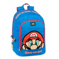 ZAINO SCUOLA ORGANIZZATO BLU SUPERMARIO NINTENDO ORIGINAL 2 ZIP 44X33X21CM 1 TASCA CON ZIP ROSSA DA PANINI SCUOLA ITALY