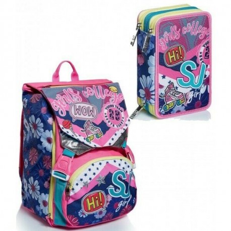 SEVEN SCHOOL PACK SJ GANG PINKY COLLEGE CANDY FUXIA ZAINO SCUOLA SDOPPIAB.+ ASTUCCIO 3 ZIP 45 PEZZI GIOTTO/FRIXION PILOT