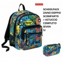 SEVEN SCHOOL PACK SJ GANG EVER WOW JET BLACK MULTICOLOR ZAINO SCUOLA ORGAN.+ ASTUCCIO 3 ZIP 45PEZZI GIOTTO/FRIXION PILOT