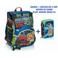 SEVEN SCHOOL PACK SJ GANG PLAY AGAIN TURCHESE FLUO ZAINO SCUOLA SDOPPIAB.+ ASTUCCIO 3 ZIP 45 PEZZI GIOTTO/FRIXION PILOT