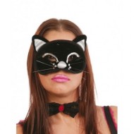 MASCHERA CARNEVALE GATTINA NERA IN TESSUTO CON STRASS E BAFFETTI NILON