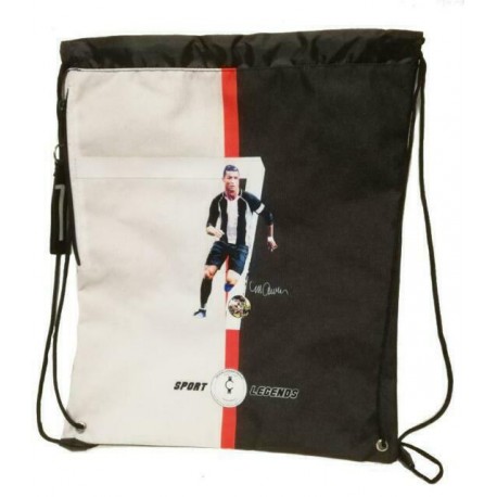 ZAINETTO SACCA SPORT LEGEND OFFICIAL CR7 CRISTIANO RONALDO 40X34CM TASCA CON ZIP ZAINO PORTACAMBIO COLORI BIANCONERI