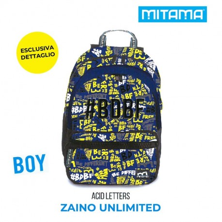 ZAINO SCUOLA ORGANIZZATO+CAPPELLO MITAMA UNILIMITED GIRL ACID LETTERS 43X32X19CM SOLO 620GR.PROD.GARANTITO MITAMA ITALY