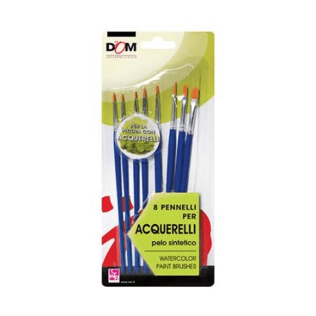 BLISTER 8 PENNELLI PER ACQUERELLI PELO SINTETICO WATERCOLOR PAIN BRUSHES DOM ARTE MILANO CWR ITALY