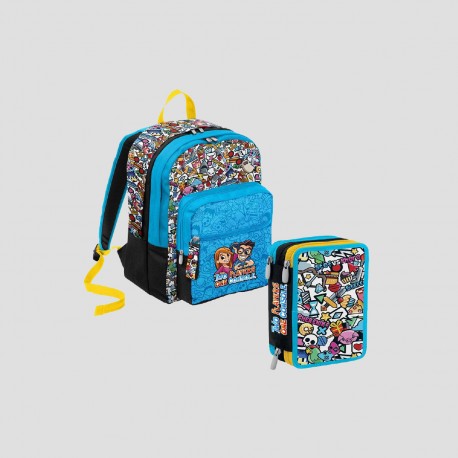 SCHOOL PACK ZAINO ORGANIZZATO 42X32X17CM+ ASTUCCIO 3 ZIP CONT.44PZ.TWO PLAYERS ONE CONSOLE DRESDEN BLUE SEVEN ITALY