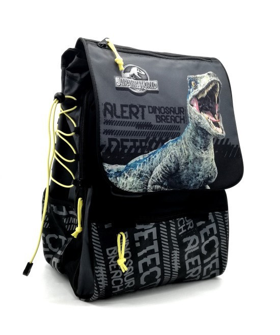ZAINO SCUOLA ESTENSIBILE JURASSIC WORLD ORIGINAL ALERT DINOSAUR BREACH 44X30X13 7CM NERO LACCI GIALLI DISTR.DA GUT ITALY Parole e Pensieri