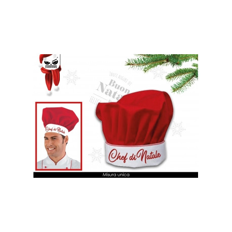 CAPPELLO CHEF NATALE ROSSO CON BASE FRONTALE BIANCA CON SCRITTA ROSSA CHEF DI NATALE DISTRIBUITO DA MOOD MILANO ITALY